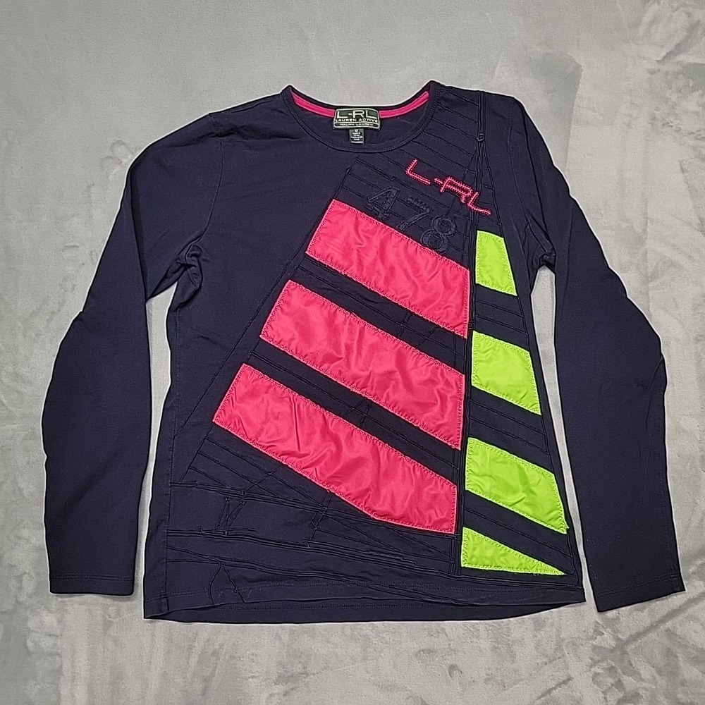 Lauren Active Ralph Lauren Shirt Womens M Blue Graphic Long Sleeve Y2K Crew Neck